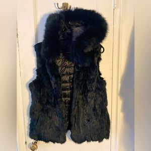 BCBG Black Rabbit Fur reversible hooded Vest jacket Size M